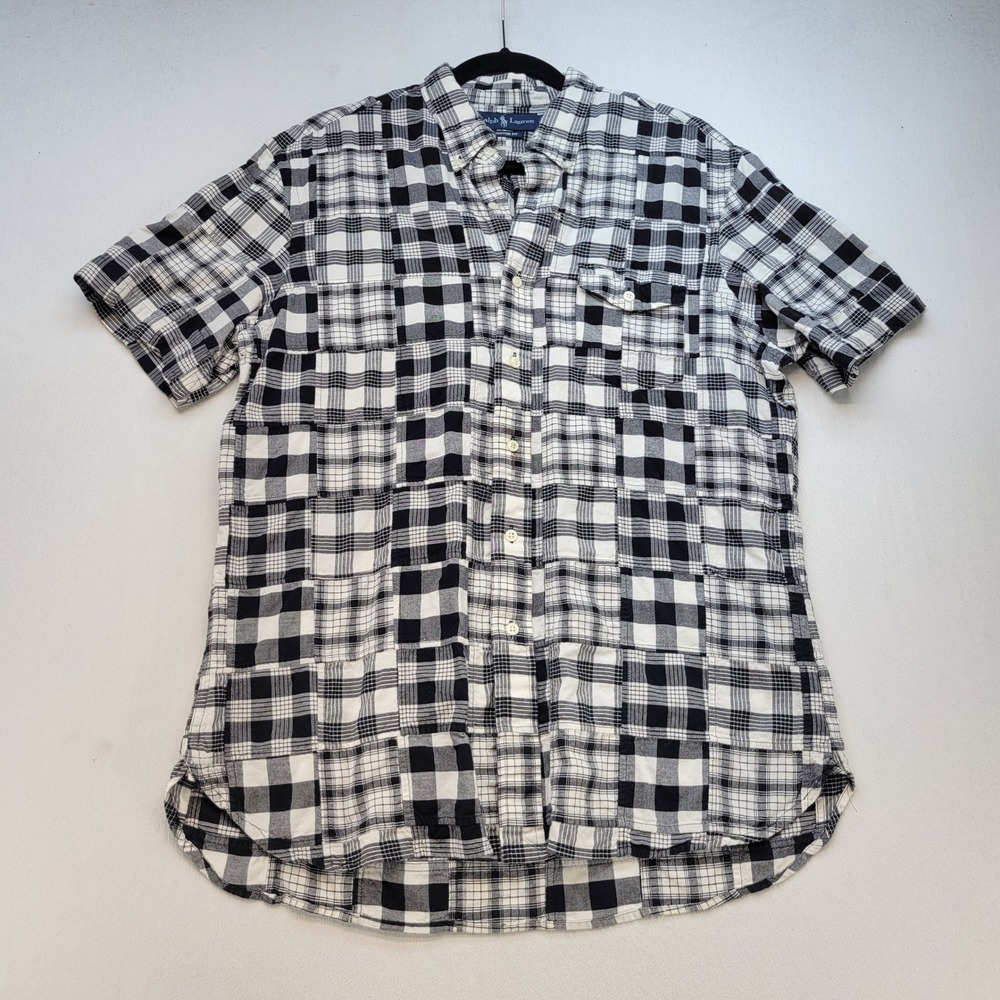 Ralph Lauren Button Down Shirt Mens Large Black White Patchwork Plaid Custom Fit